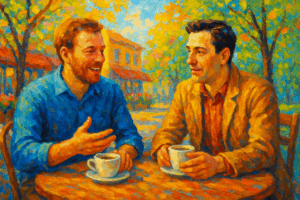 Two people talking about website redesign in Melbourne cafe