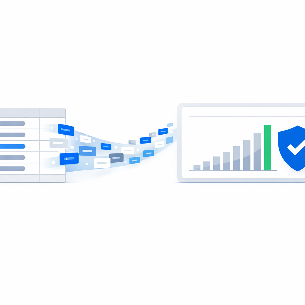 Rows from a spreadsheet flowing into a Perfex CRM dashboard showing a rising 12-month revenue forecast