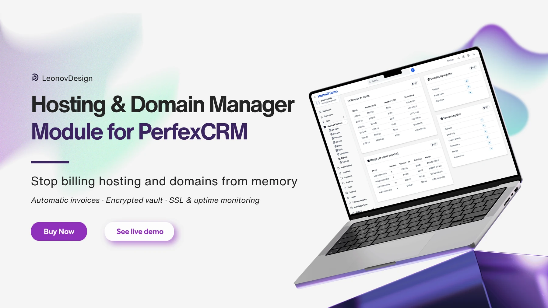 Hosting & Domains Manager for Perfex CRM — stop billing hosting and domains from memory. Automatic invoices, encrypted vault, SSL and uptime monitoring.