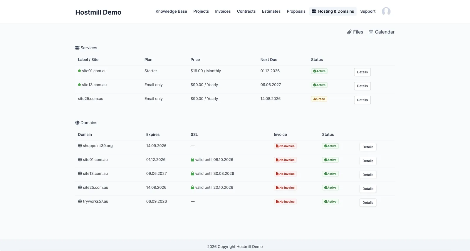 Hosting and Domains tab in the Perfex CRM client portal showing a customer's services and domains