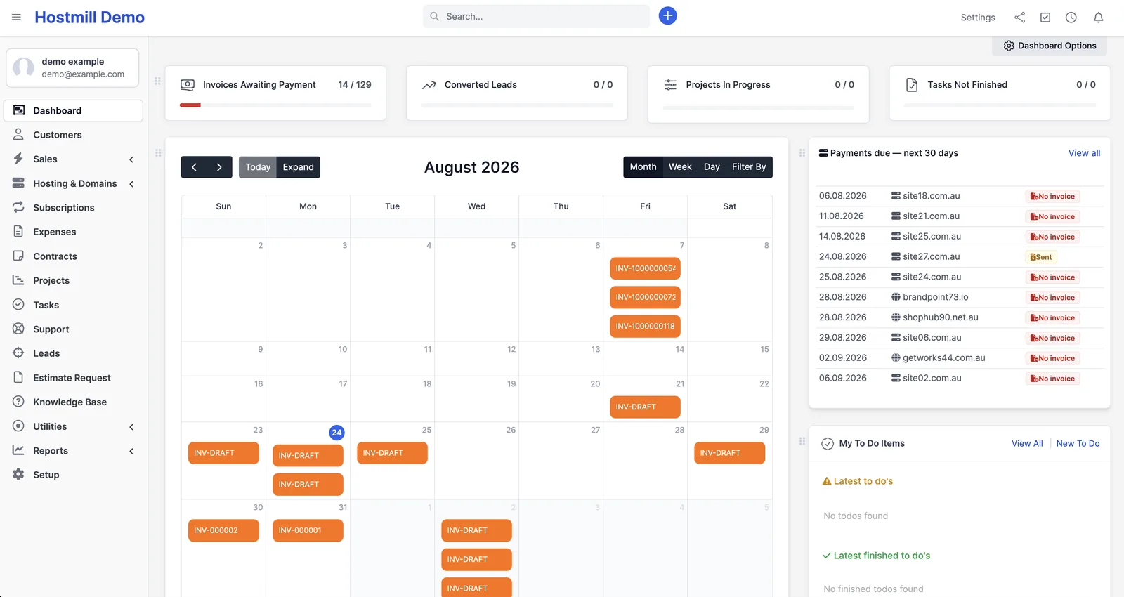 Hosting and Domain Manager dashboard in Perfex CRM showing payments due in the next 30 days