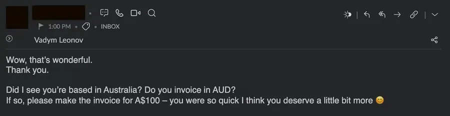 Email from the first customer of Hosting and Domain Manager for Perfex CRM
