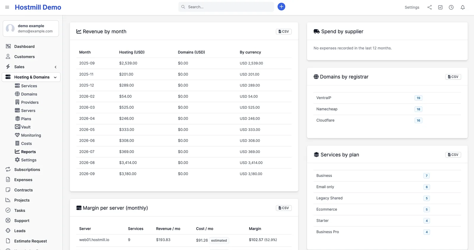 Reports screen with revenue by month and margin per server, exportable to CSV