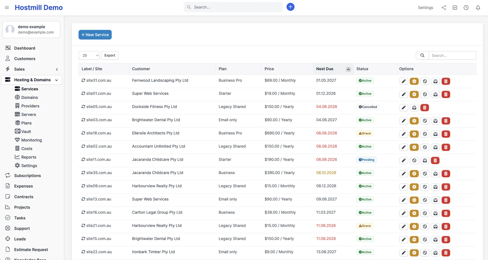 Hosting services list in Perfex CRM with plan, price, next due date and status badges