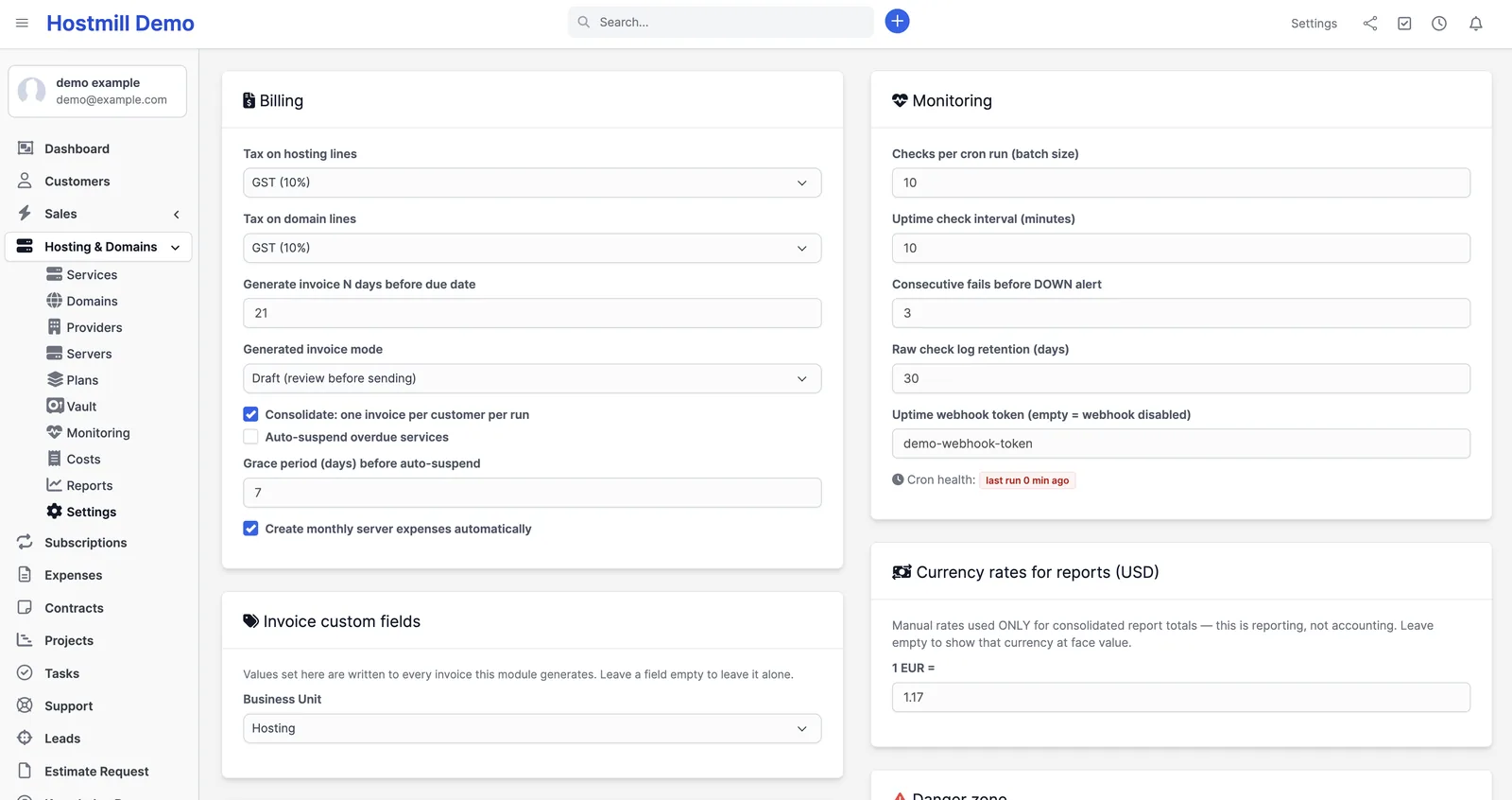 Module settings in Perfex CRM: billing lead time, reminder ladders, vault and monitoring options