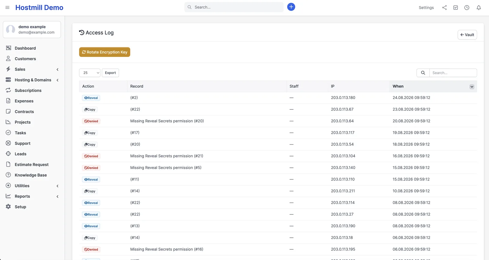 Vault access log showing who revealed which credential, from which IP and when
