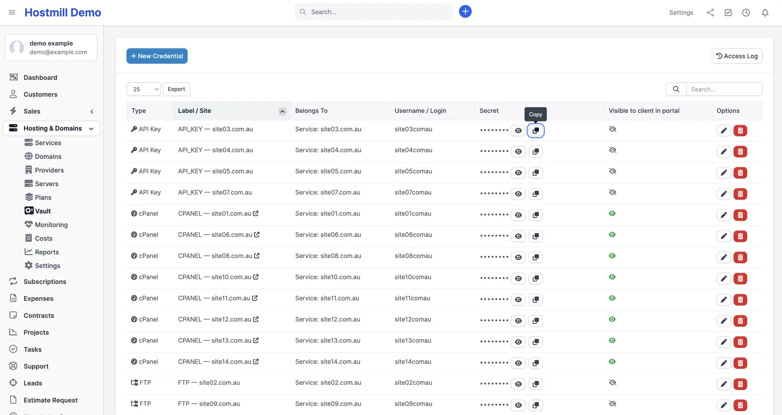 Encrypted credentials vault in Perfex CRM with masked secrets and reveal and copy buttons